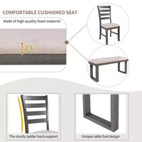Ensemble de salle à manger 6 pièces de style ferme avec banc, table rectangulaire en bois et 4 chaises rembourrées pour cuisine, gris