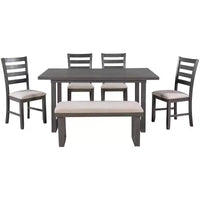 Ensemble de salle à manger 6 pièces de style ferme avec banc, table rectangulaire en bois et 4 chaises rembourrées pour cuisine, gris