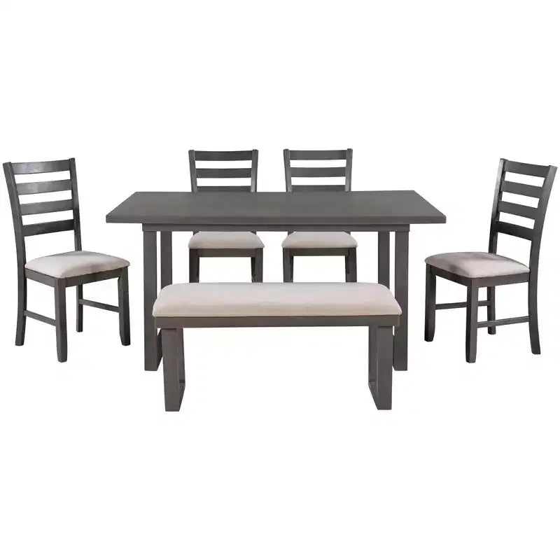 Ensemble de salle à manger 6 pièces de style ferme avec banc, table rectangulaire en bois et 4 chaises rembourrées pour cuisine, gris