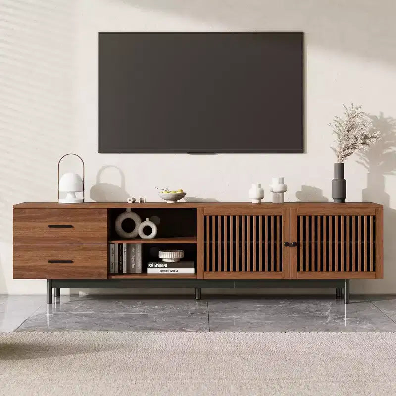 Meuble TV cannelé 78 po pour téléviseurs jusqu'à 85 po, meuble multimédia moderne du milieu du siècle avec tiroirs de rangement et porte à fermeture douce