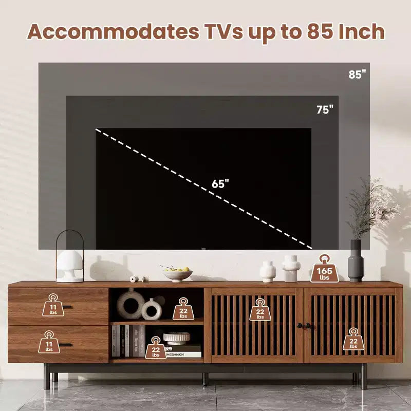Meuble TV cannelé 78 po pour téléviseurs jusqu'à 85 po, meuble multimédia moderne du milieu du siècle avec tiroirs de rangement et porte à fermeture douce