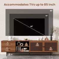 Meuble TV cannelé 78 po pour téléviseurs jusqu'à 85 po, meuble multimédia moderne du milieu du siècle avec tiroirs de rangement et porte à fermeture douce