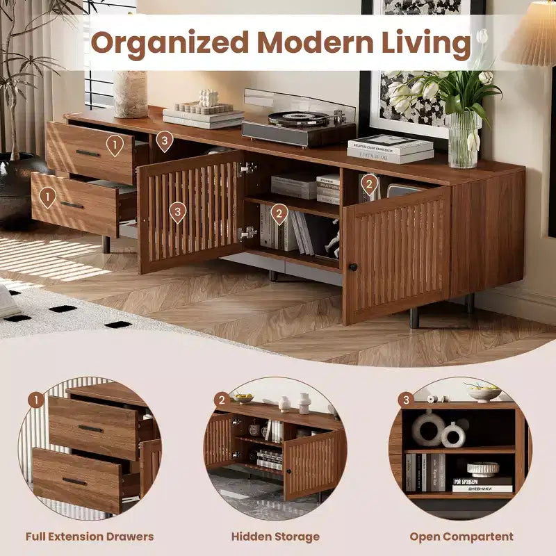 Meuble TV cannelé 78 po pour téléviseurs jusqu'à 85 po, meuble multimédia moderne du milieu du siècle avec tiroirs de rangement et porte à fermeture douce