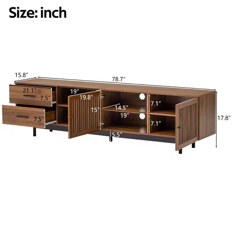 Meuble TV cannelé 78 po pour téléviseurs jusqu'à 85 po, meuble multimédia moderne du milieu du siècle avec tiroirs de rangement et porte à fermeture douce