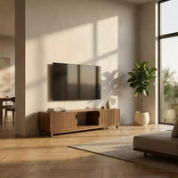 Meuble TV cannelé 70 po en noyer pour téléviseurs jusqu'à 75 po - Console multimédia moderne du milieu du siècle avec rangement caché, étagères réglables et gestion des câbles