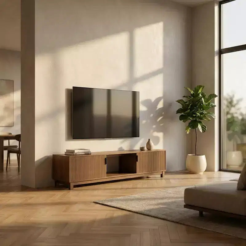 Meuble TV cannelé 70 po en noyer pour téléviseurs jusqu'à 75 po - Console multimédia moderne du milieu du siècle avec rangement caché, étagères réglables et gestion des câbles