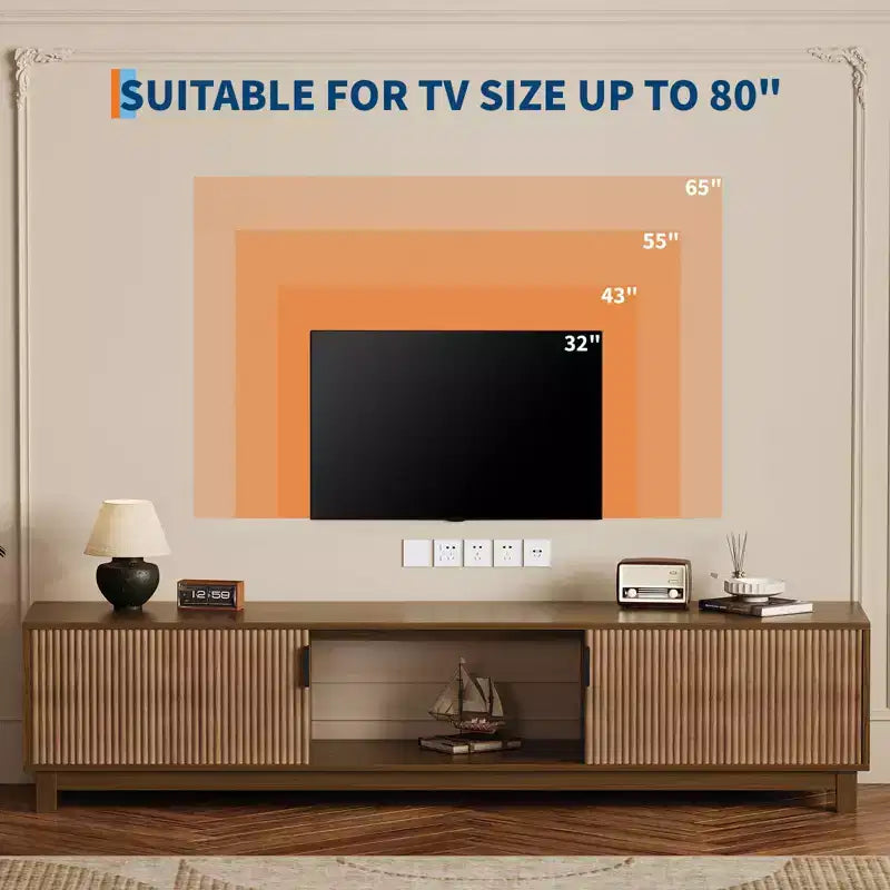 Meuble TV cannelé 70 po en noyer pour téléviseurs jusqu'à 75 po - Console multimédia moderne du milieu du siècle avec rangement caché, étagères réglables et gestion des câbles