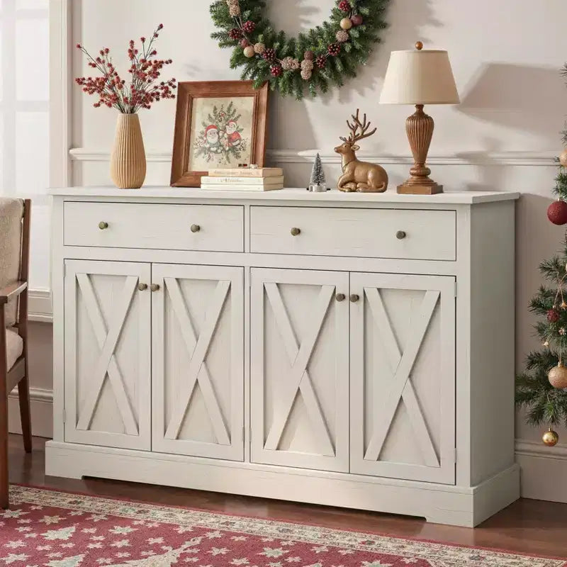 Meuble de rangement vintage MAYEERTY avec deux tiroirs et quatre portes pour salon, cuisine, chambre, blanc