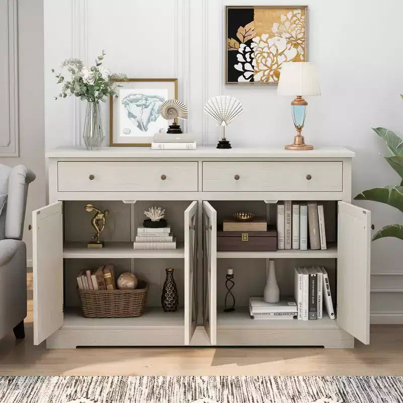 Meuble de rangement vintage MAYEERTY avec deux tiroirs et quatre portes pour salon, cuisine, chambre, blanc