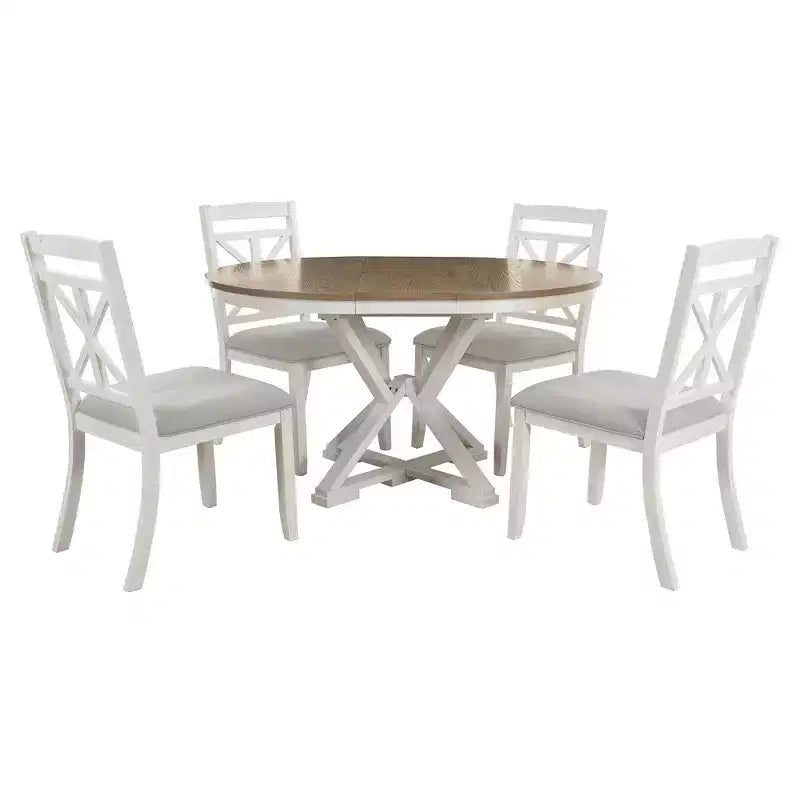 Ensemble de salle à manger rond extensible style ferme pour 4, ensemble table de cuisine avec 4 chaises rembourrées pour salle à manger