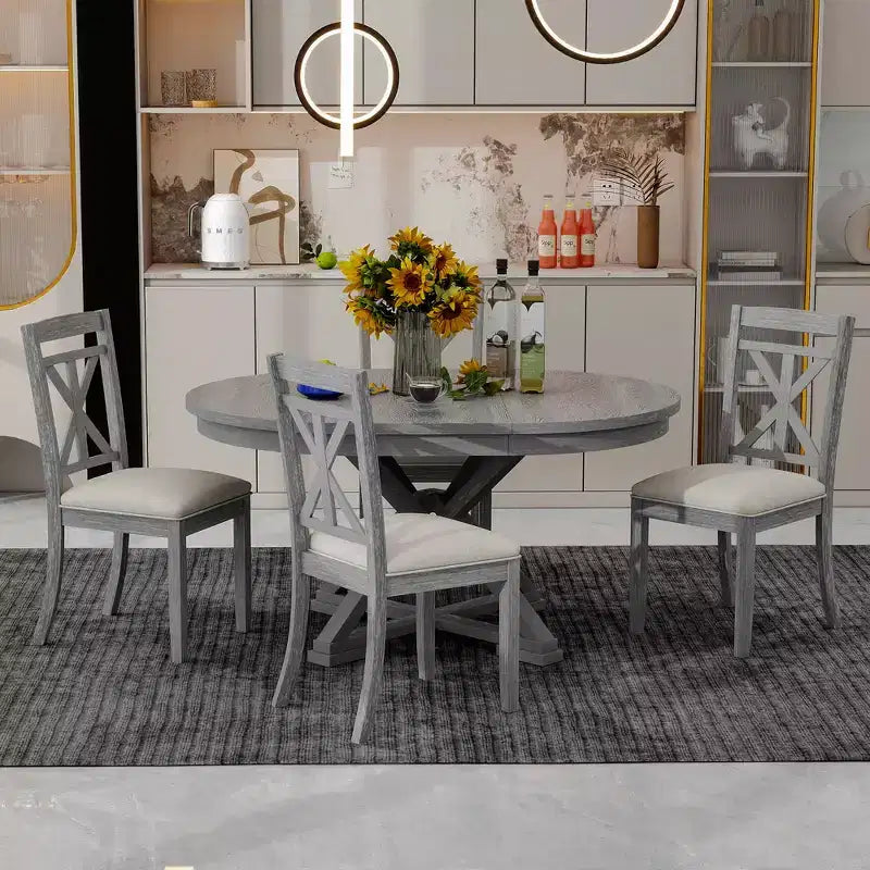 Ensemble de salle à manger rond extensible style ferme pour 4, ensemble table de cuisine avec 4 chaises rembourrées pour salle à manger