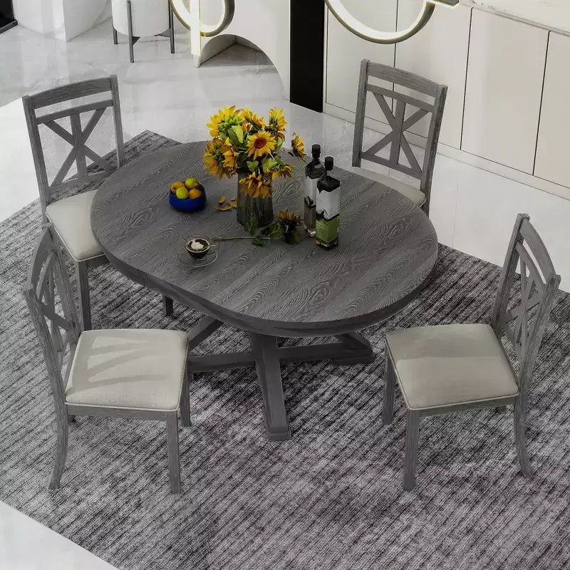 Ensemble de salle à manger rond extensible style ferme pour 4, ensemble table de cuisine avec 4 chaises rembourrées pour salle à manger