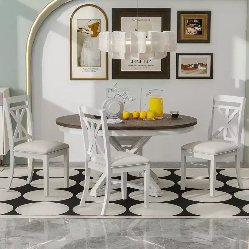 Ensemble de salle à manger rond extensible style ferme pour 4, ensemble table de cuisine avec 4 chaises rembourrées pour salle à manger