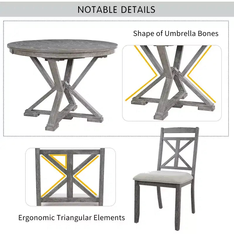 Ensemble de salle à manger rond extensible style ferme pour 4, ensemble table de cuisine avec 4 chaises rembourrées pour salle à manger