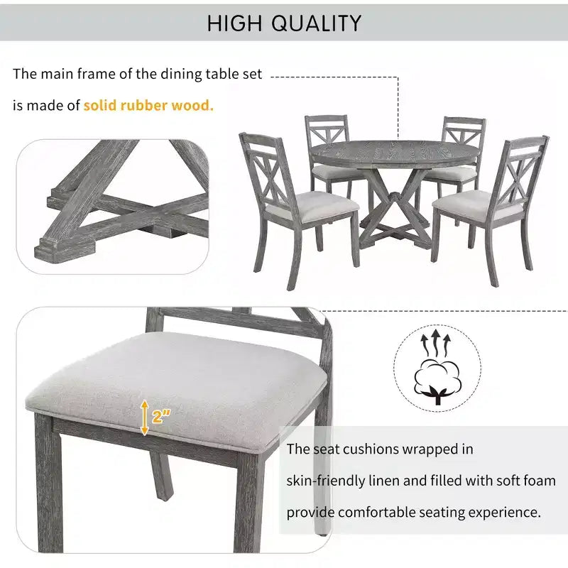 Ensemble de salle à manger rond extensible style ferme pour 4, ensemble table de cuisine avec 4 chaises rembourrées pour salle à manger