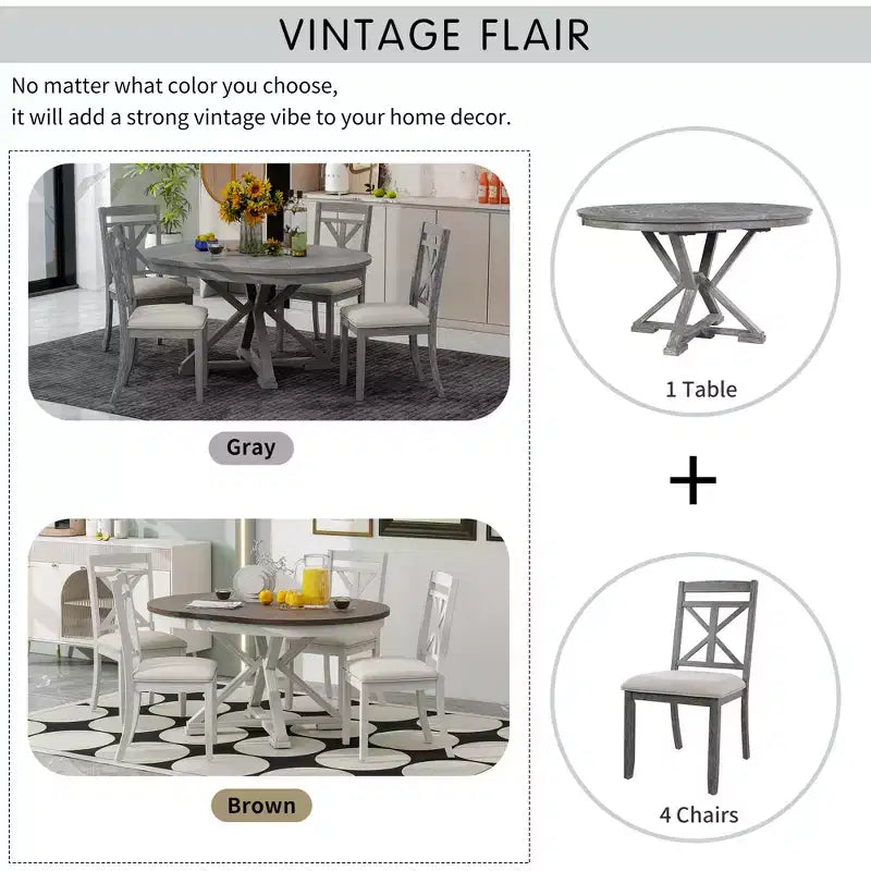 Ensemble de salle à manger rond extensible style ferme pour 4, ensemble table de cuisine avec 4 chaises rembourrées pour salle à manger