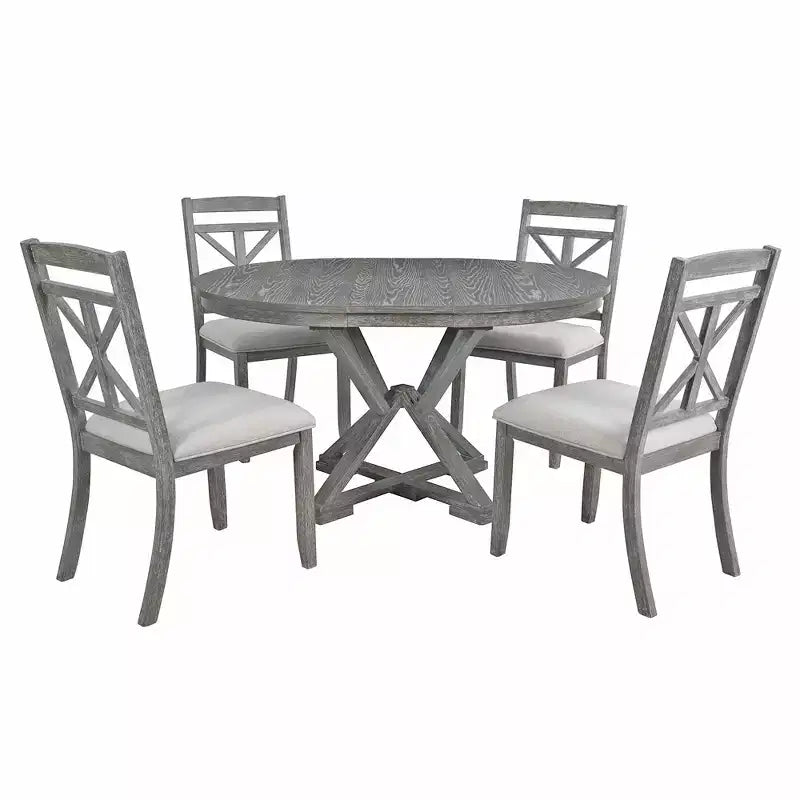 Ensemble de salle à manger rond extensible style ferme pour 4, ensemble table de cuisine avec 4 chaises rembourrées pour salle à manger