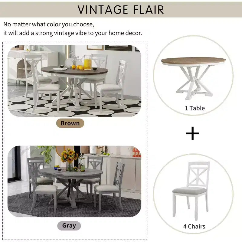 Ensemble de salle à manger rond extensible style ferme pour 4, ensemble table de cuisine avec 4 chaises rembourrées pour salle à manger