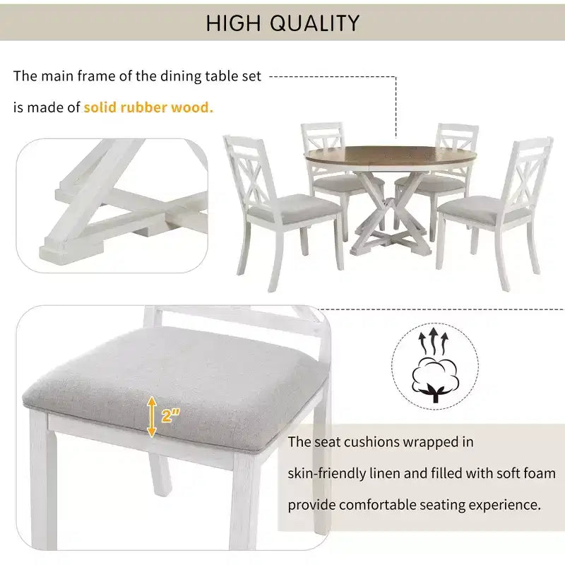Ensemble de salle à manger rond extensible style ferme pour 4, ensemble table de cuisine avec 4 chaises rembourrées pour salle à manger