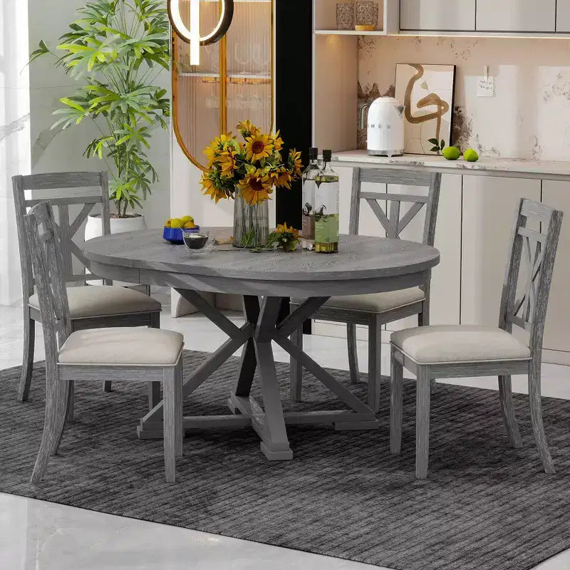 Ensemble de salle à manger rond extensible style ferme pour 4, ensemble table de cuisine avec 4 chaises rembourrées pour salle à manger