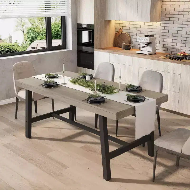 Table de salle à manger industrielle Acekool, table de cuisine rectangulaire pour 4-6 personnes, design rustique en bois et métal