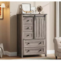 Commode de chambre à 5 tiroirs de style ferme, commode en bois avec porte de grange coulissante, étagère réglable, organisateur de rangement pour chambre à coucher