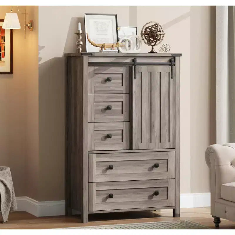 Commode de chambre à 5 tiroirs de style ferme, commode en bois avec porte de grange coulissante, étagère réglable, organisateur de rangement pour chambre à coucher