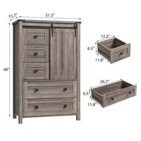 Commode de chambre à 5 tiroirs de style ferme, commode en bois avec porte de grange coulissante, étagère réglable, organisateur de rangement pour chambre à coucher