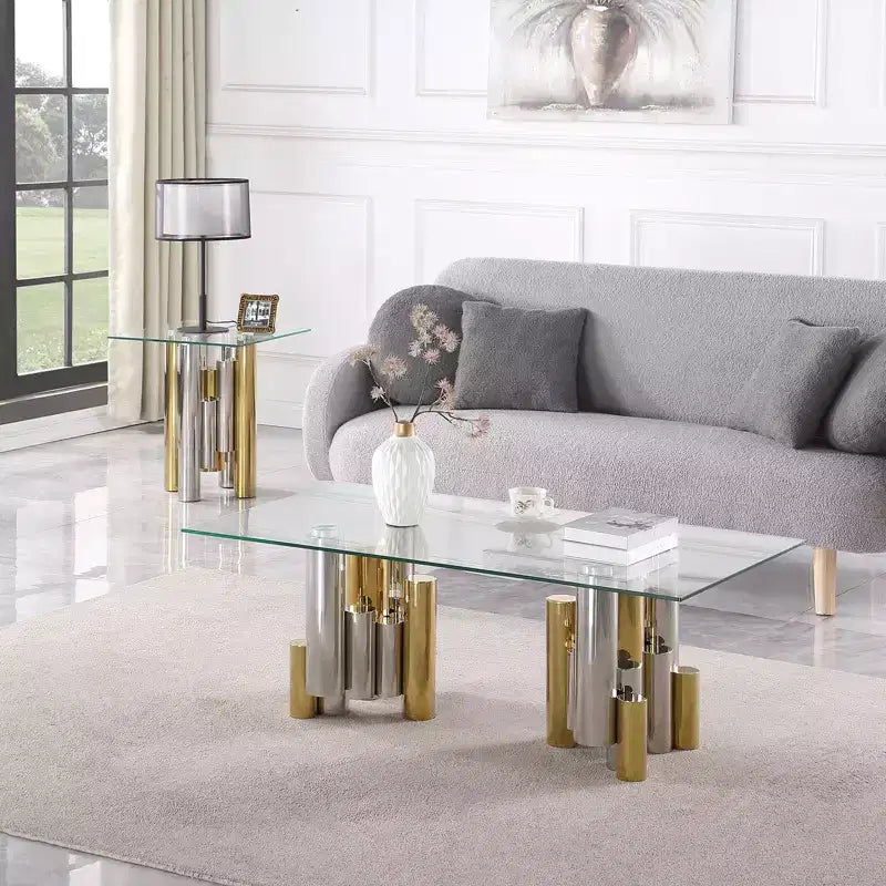 Table basse rectangulaire avec plateau en verre trempé transparent, cadre en acier inoxydable, table d'appoint élégante et moderne, table d'appoint du milieu du siècle