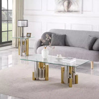 Table basse rectangulaire avec plateau en verre trempé transparent, cadre en acier inoxydable, table d'appoint élégante et moderne, table d'appoint du milieu du siècle