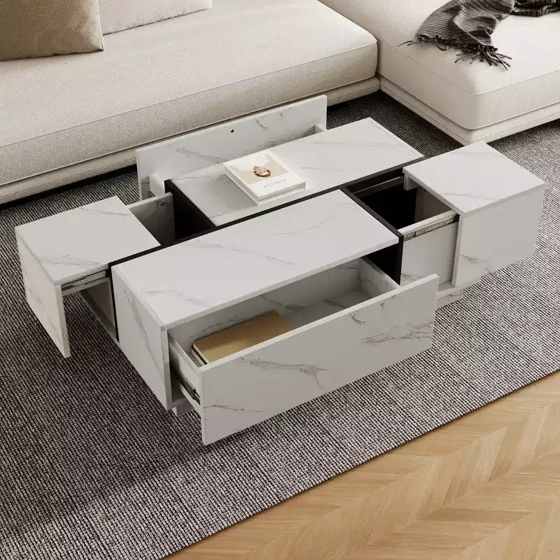 Table basse rectangulaire à plateau coulissant avec 2 tiroirs et 2 espaces de rangement cachés, idéale pour le salon