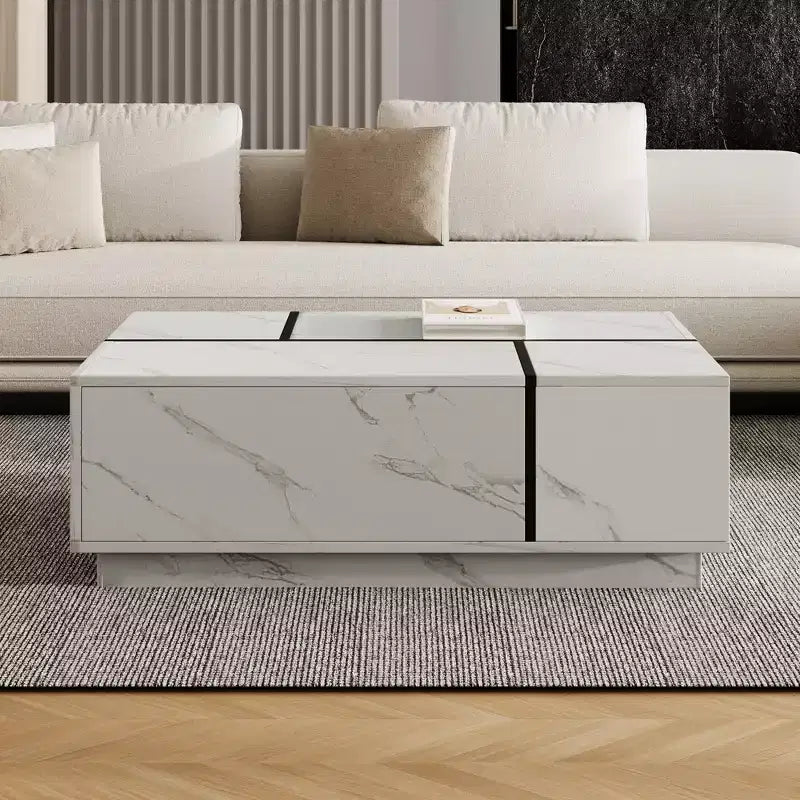 Table basse rectangulaire à plateau coulissant avec 2 tiroirs et 2 espaces de rangement cachés, idéale pour le salon