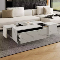 Table basse rectangulaire à plateau coulissant avec 2 tiroirs et 2 espaces de rangement cachés, idéale pour le salon