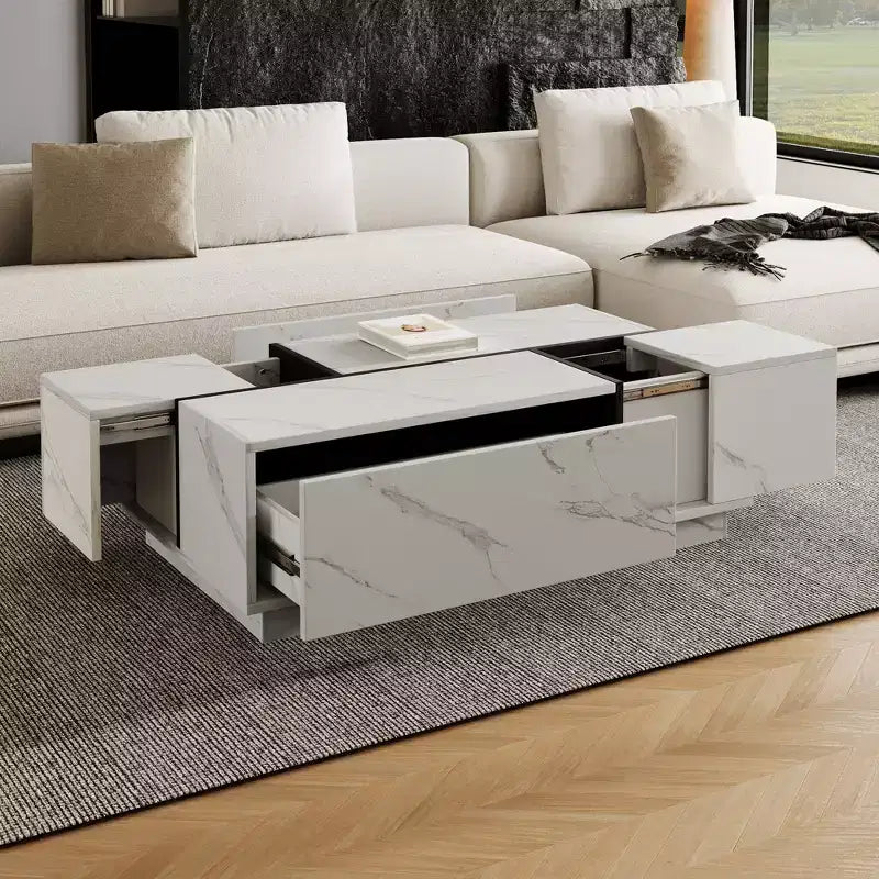 Table basse rectangulaire à plateau coulissant avec 2 tiroirs et 2 espaces de rangement cachés, idéale pour le salon