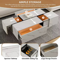 Table basse rectangulaire à plateau coulissant avec 2 tiroirs et 2 espaces de rangement cachés, idéale pour le salon