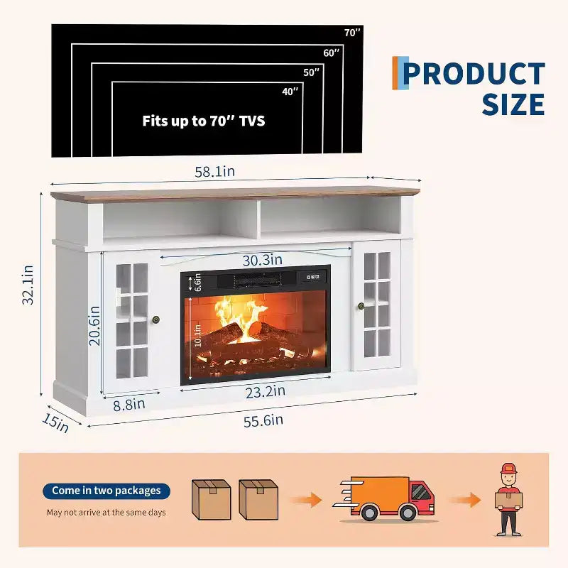 Meuble TV moderne 58 po pour téléviseur 70 po - Meuble à portes vitrées avec étagère réglable, compatible foyer électrique 23 po