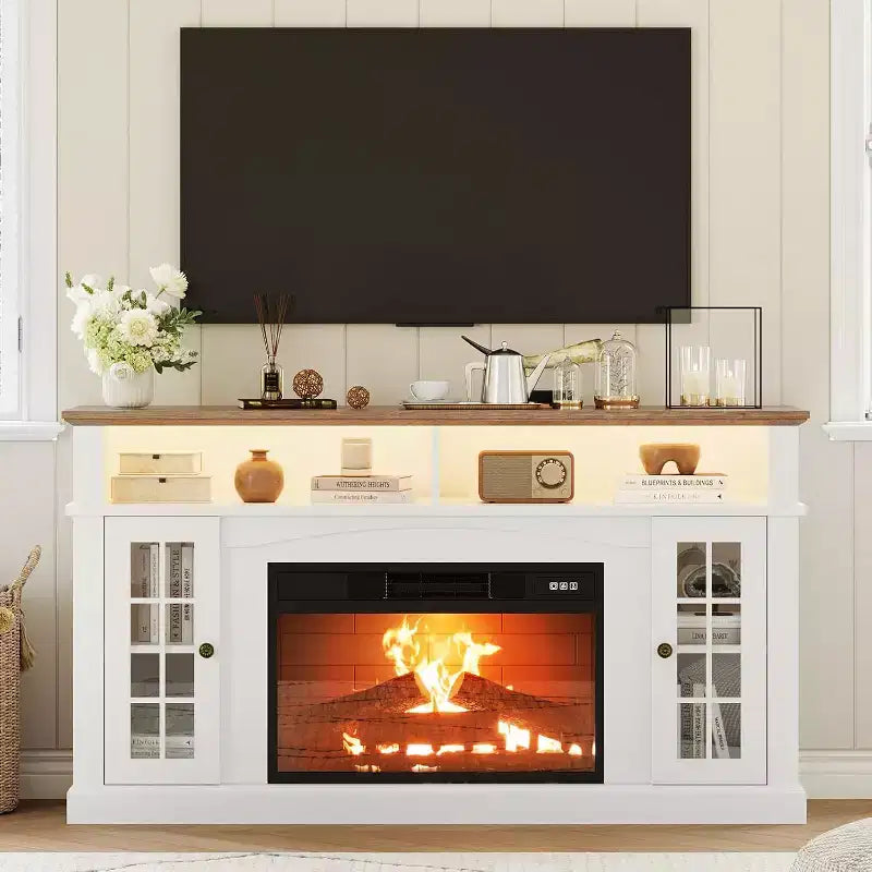 Meuble TV moderne 58 po pour téléviseur 70 po - Meuble à portes vitrées avec étagère réglable, compatible foyer électrique 23 po