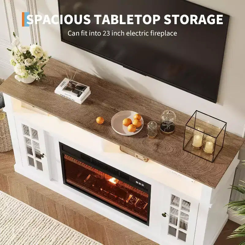 Meuble TV moderne 58 po pour téléviseur 70 po - Meuble à portes vitrées avec étagère réglable, compatible foyer électrique 23 po