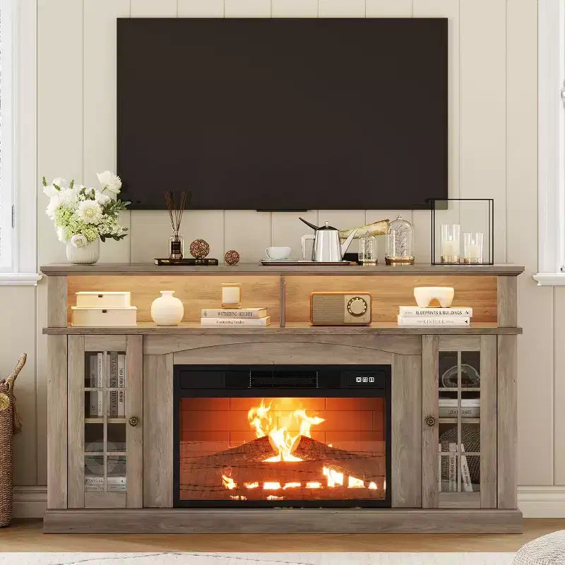 Meuble TV moderne 58 po pour téléviseur 70 po - Meuble à portes vitrées avec étagère réglable, compatible foyer électrique 23 po