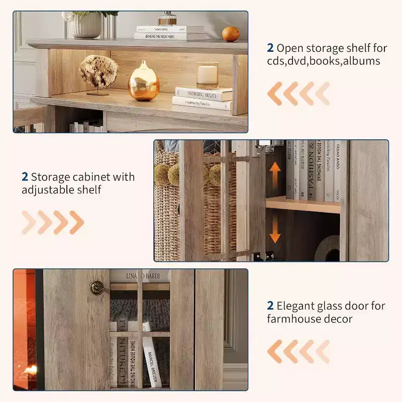 Meuble TV moderne 58 po pour téléviseur 70 po - Meuble à portes vitrées avec étagère réglable, compatible foyer électrique 23 po