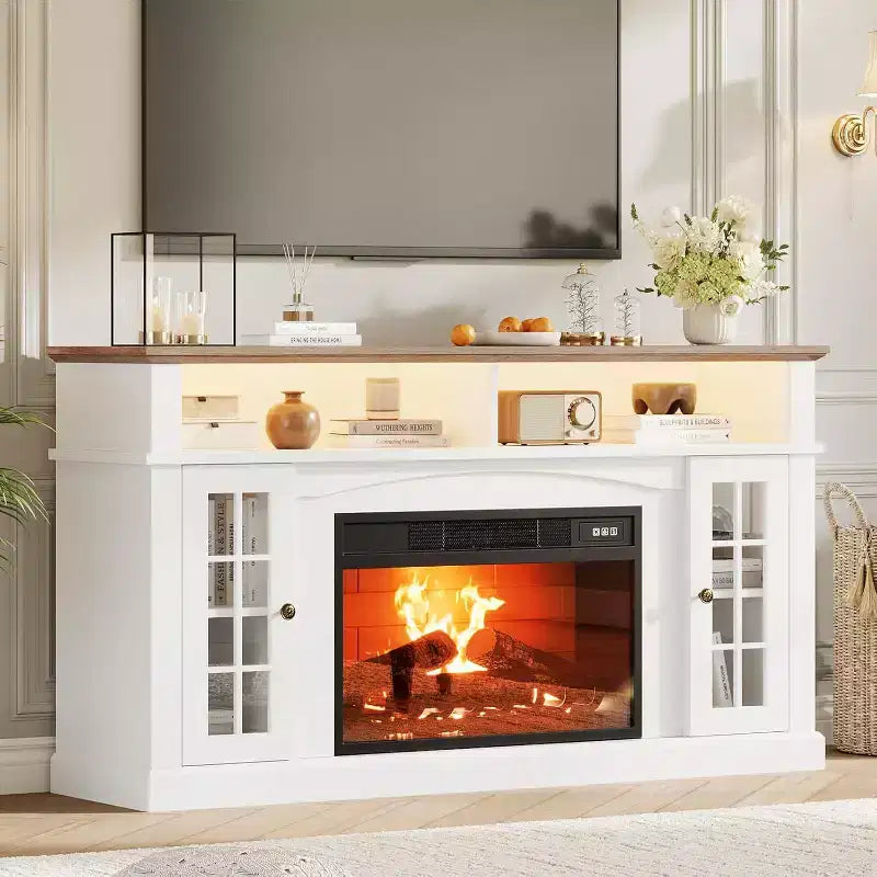 Meuble TV moderne 58 po pour téléviseur 70 po - Meuble à portes vitrées avec étagère réglable, compatible foyer électrique 23 po