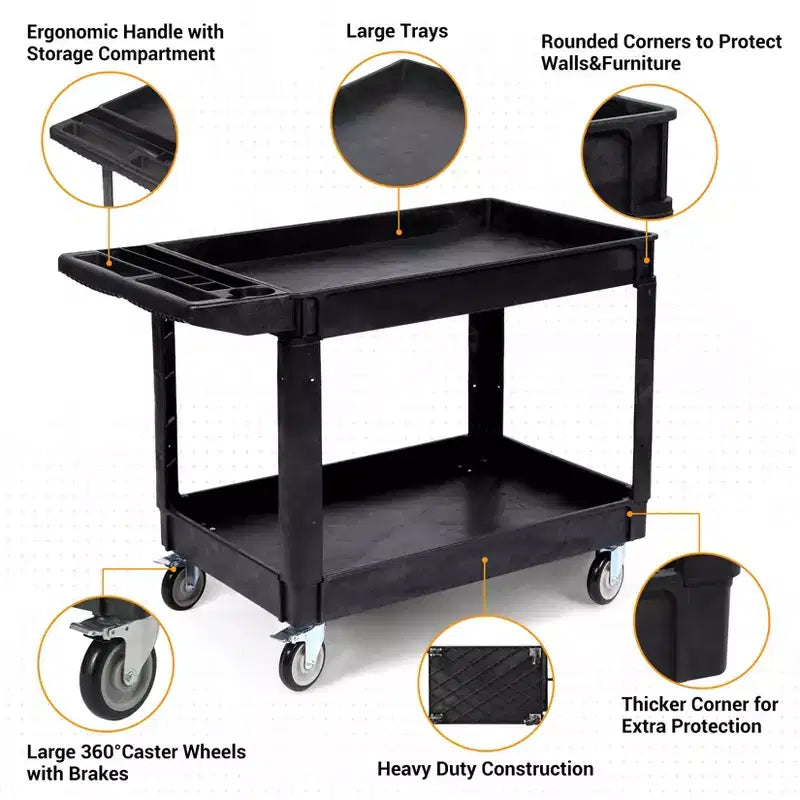 Chariot utilitaire COZONY 45x25 à 2 niveaux avec roues, capacité 550 LB, chariot roulant avec étagères à rebord