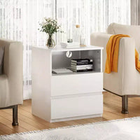 Table d'appoint avec station de recharge USB-C rapide, table d'appoint de canapé à 2 tiroirs avec grand rangement, table de chevet moderne blanche en panneau de particules