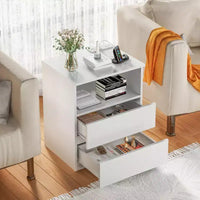 Table d'appoint avec station de recharge USB-C rapide, table d'appoint de canapé à 2 tiroirs avec grand rangement, table de chevet moderne blanche en panneau de particules