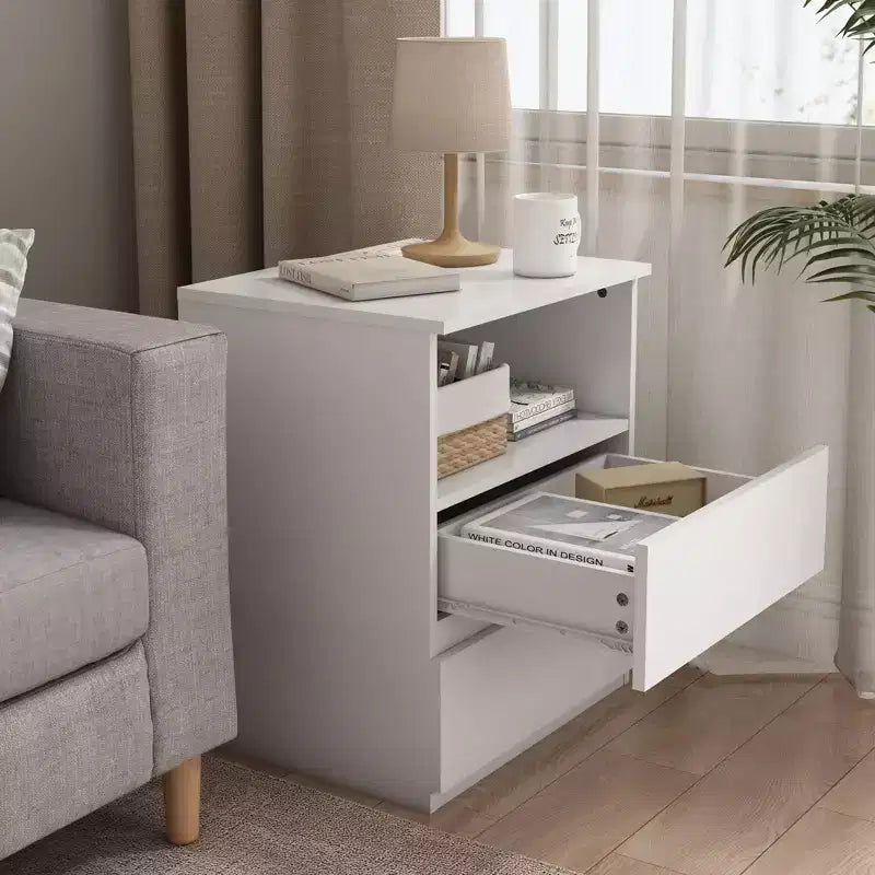 Table d'appoint avec station de recharge USB-C rapide, table d'appoint de canapé à 2 tiroirs avec grand rangement, table de chevet moderne blanche en panneau de particules