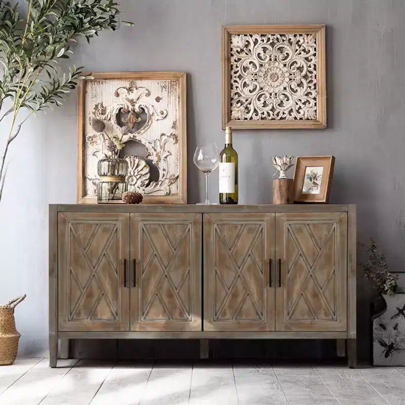 Buffet bahut de ferme moderne de 60 po, armoire de rangement d'appoint à 4 portes à motif géométrique avec étagères réglables - Panipeachy