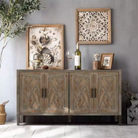 Buffet bahut de ferme moderne de 60 po, armoire de rangement d'appoint à 4 portes à motif géométrique avec étagères réglables - Panipeachy