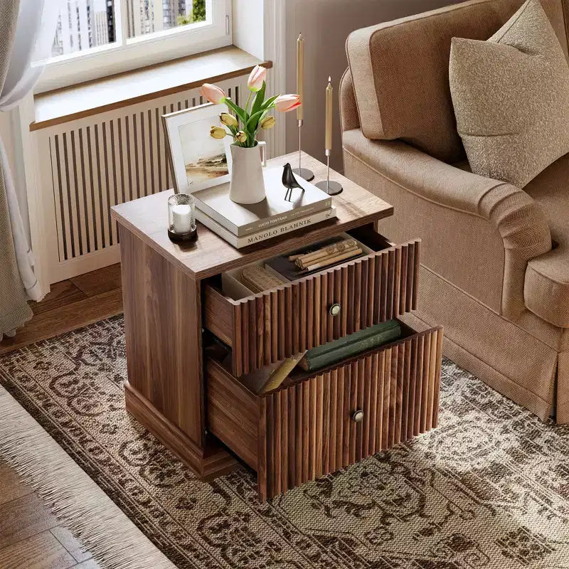 Table de chevet cannelée avec tiroirs, table de chevet moderne du milieu du siècle pour salon, table de chevet avec rangement