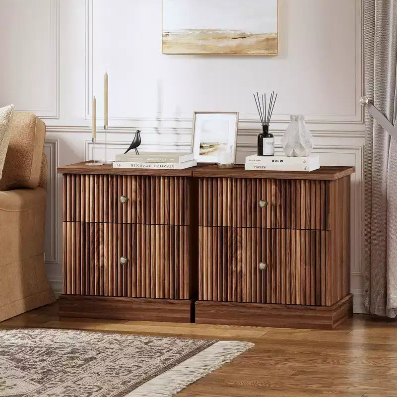Table de chevet cannelée avec tiroirs, table de chevet moderne du milieu du siècle pour salon, table de chevet avec rangement