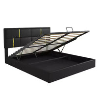 Lit plateforme capitonné en similicuir (PU) Queen Size avec système de rangement hydraulique, sommier en bois avec rangement relevable et tête de lit